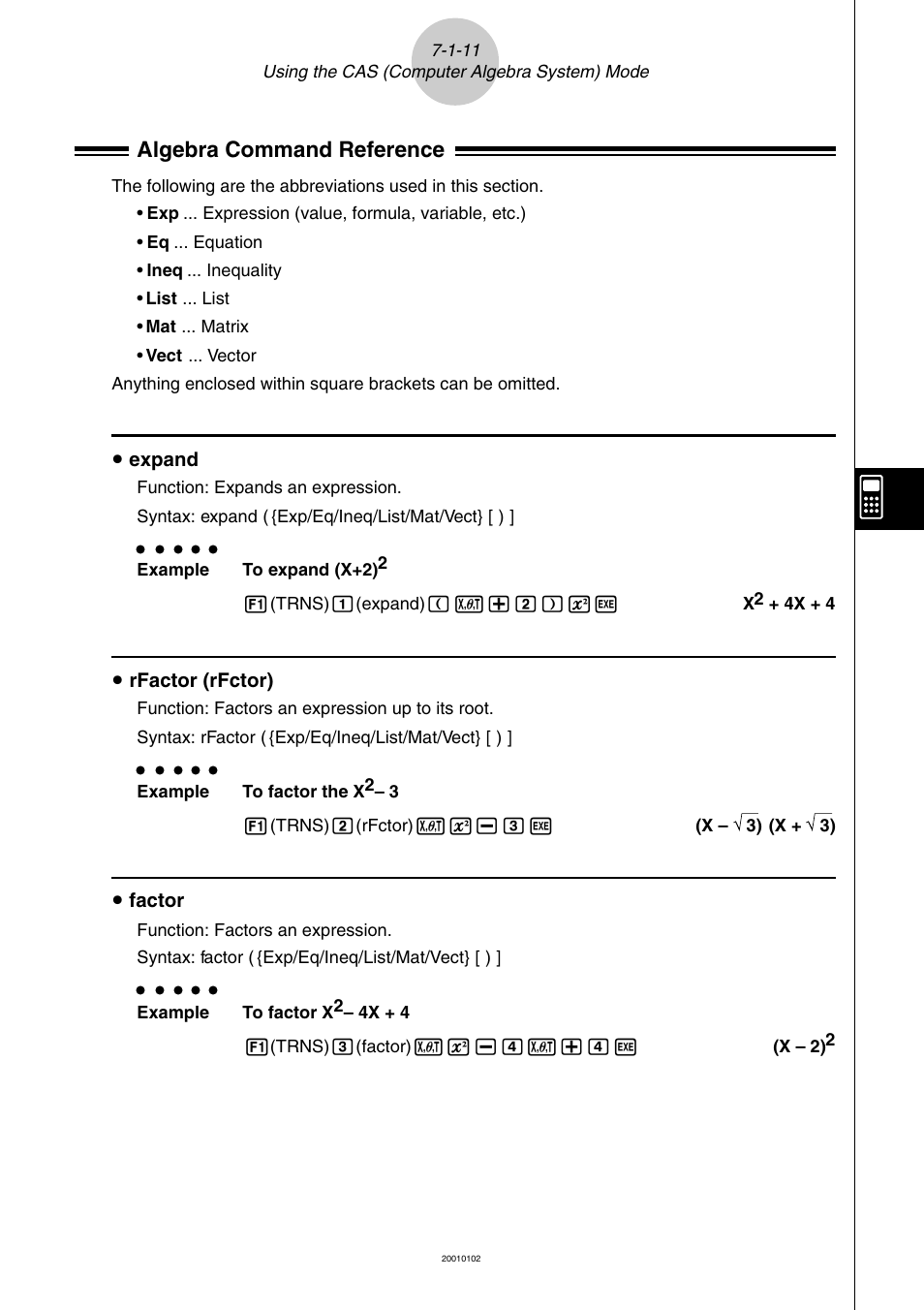 Algebra command reference | Casio ALGEBRA FX 2.0 PLUS Computer Algebra System and Tutorial Modes User Manual | Page 12 / 54