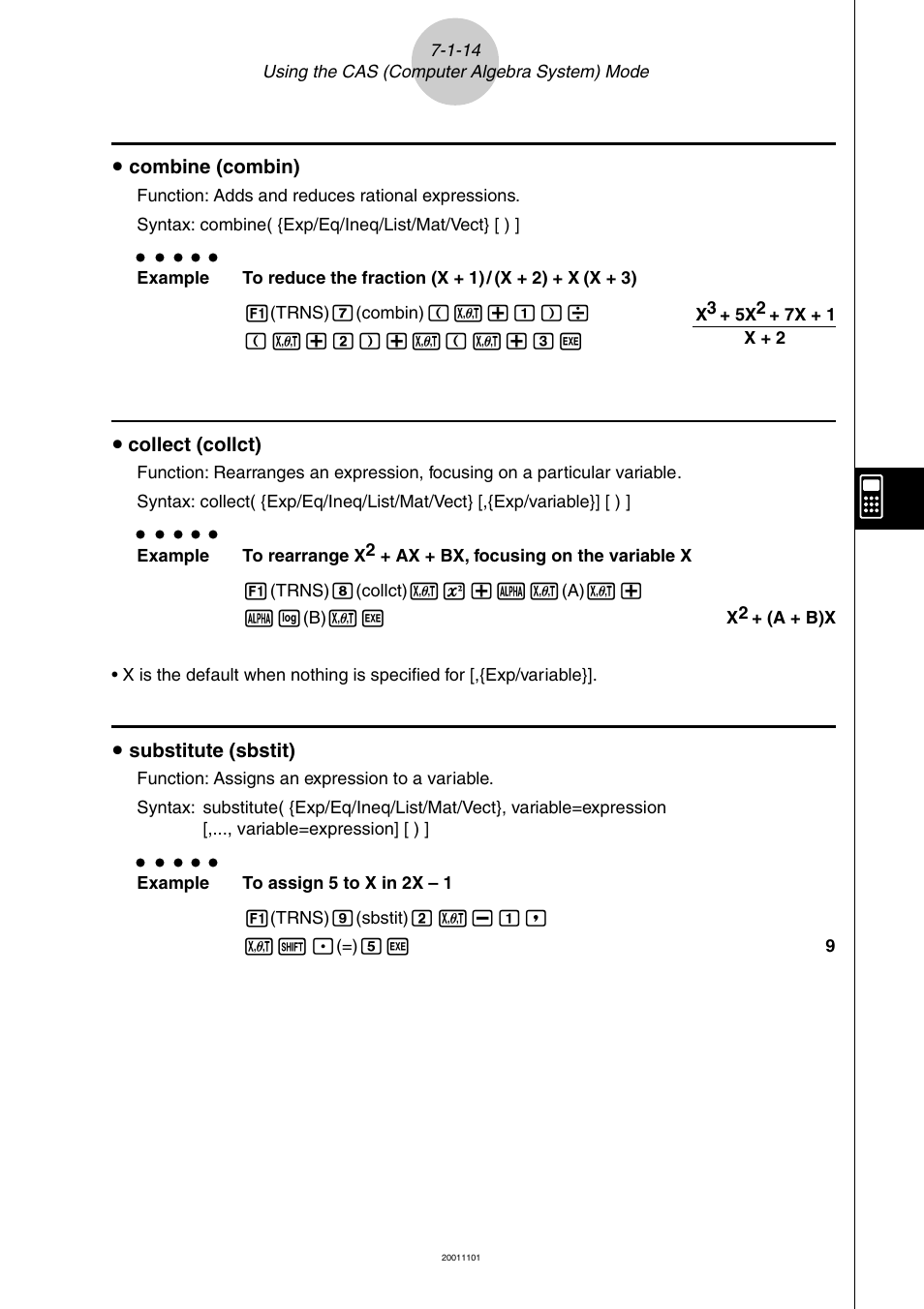 U combine (combin), U collect (collct), U substitute (sbstit) | Casio ALGEBRA FX 2.0 PLUS Computer Algebra System and Tutorial Modes User Manual | Page 15 / 54