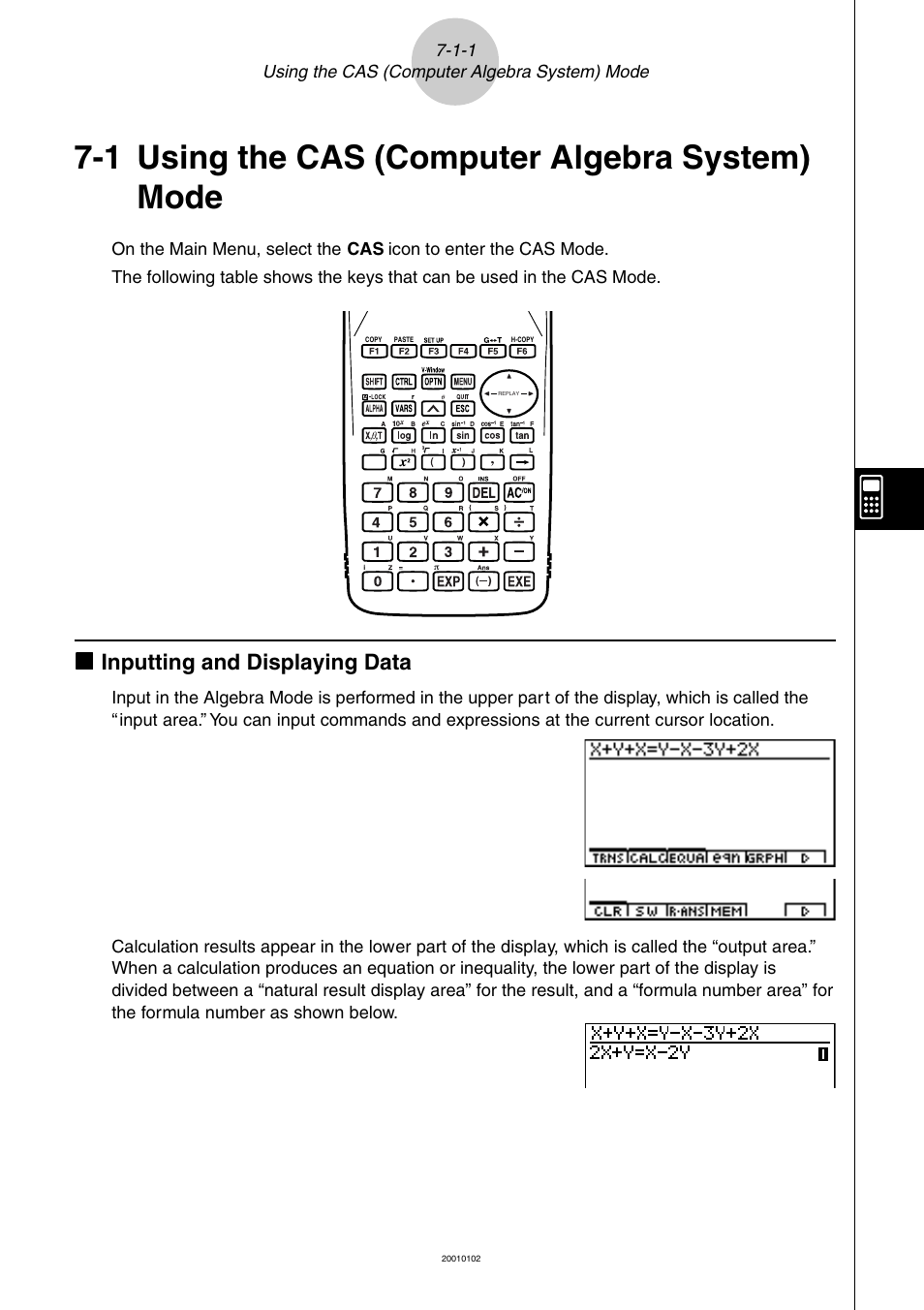 1 using the cas (computer algebra system) mode, Kk inputting and displaying data | Casio ALGEBRA FX 2.0 PLUS Computer Algebra System and Tutorial Modes User Manual | Page 2 / 54