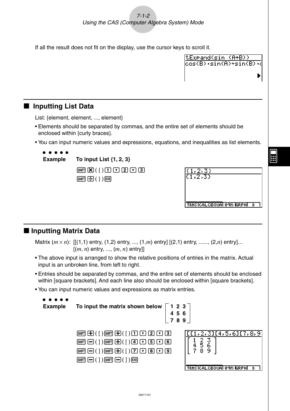 K inputting list data, K inputting matrix data | Casio ALGEBRA FX 2.0 PLUS Computer Algebra System and Tutorial Modes User Manual | Page 3 / 54