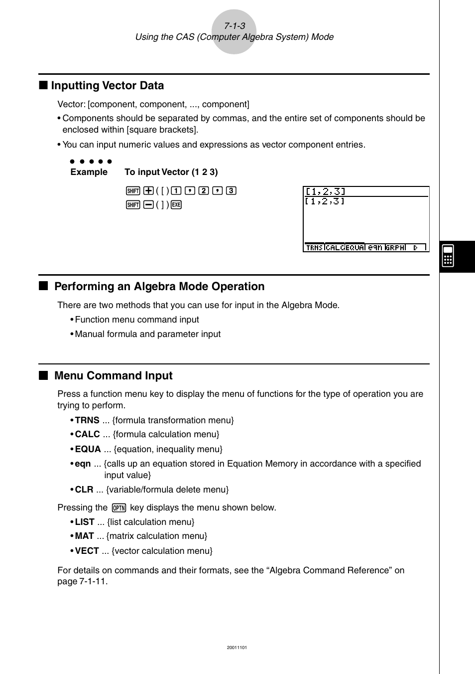 K inputting vector data, Kk performing an algebra mode operation, Kk menu command input | Casio ALGEBRA FX 2.0 PLUS Computer Algebra System and Tutorial Modes User Manual | Page 4 / 54