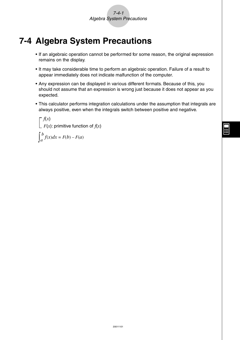 4 algebra system precautions | Casio ALGEBRA FX 2.0 PLUS Computer Algebra System and Tutorial Modes User Manual | Page 53 / 54