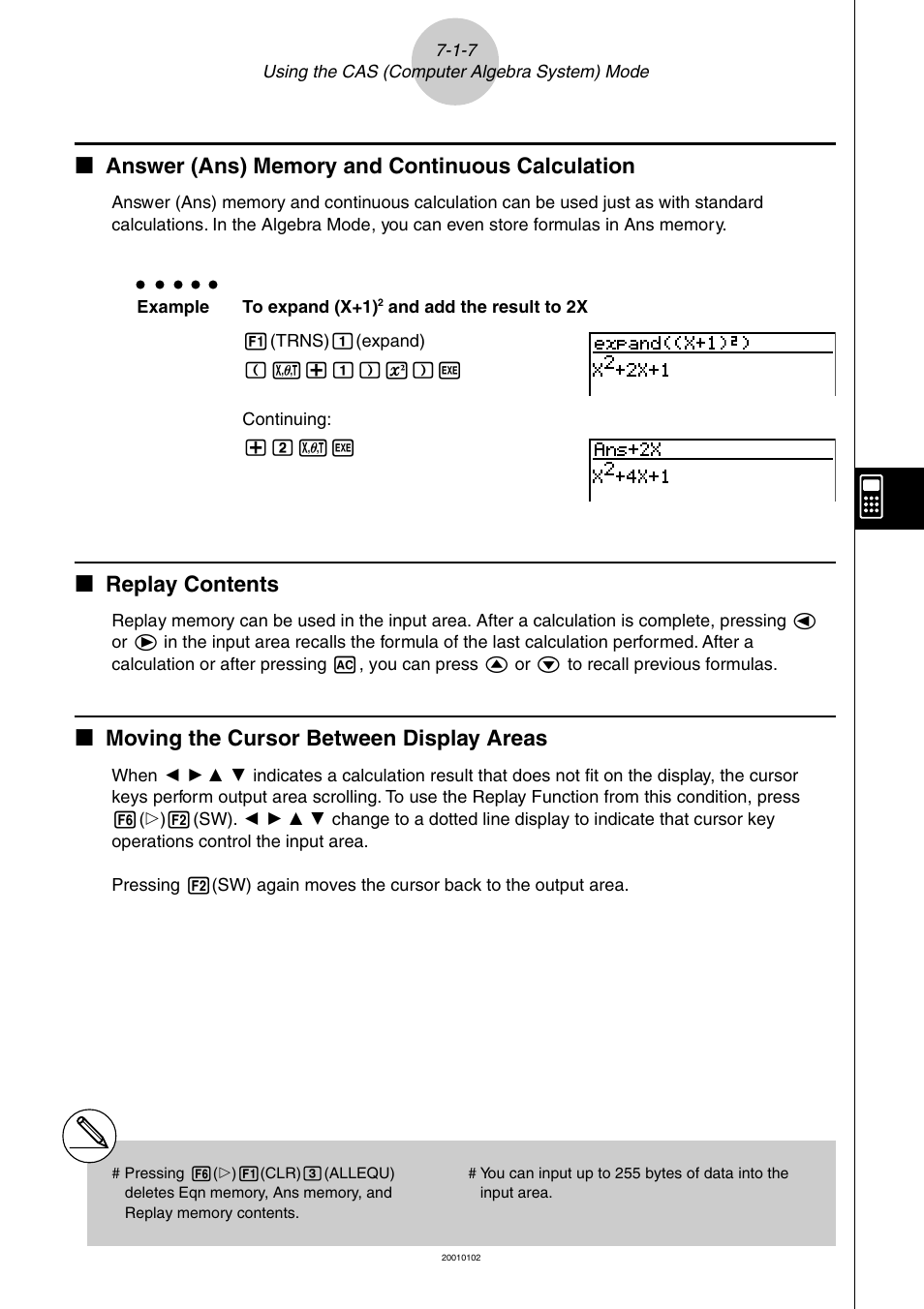 K replay contents, K moving the cursor between display areas | Casio ALGEBRA FX 2.0 PLUS Computer Algebra System and Tutorial Modes User Manual | Page 8 / 54