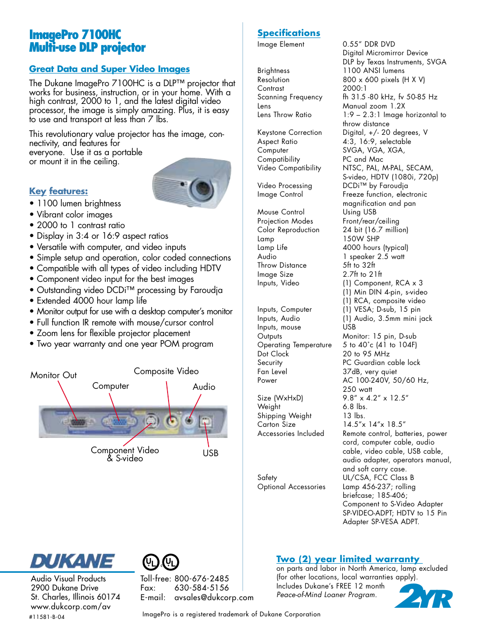 Imagepro 7100hc multi-use dlp projector | Dukane 7100HC User Manual | Page 2 / 2