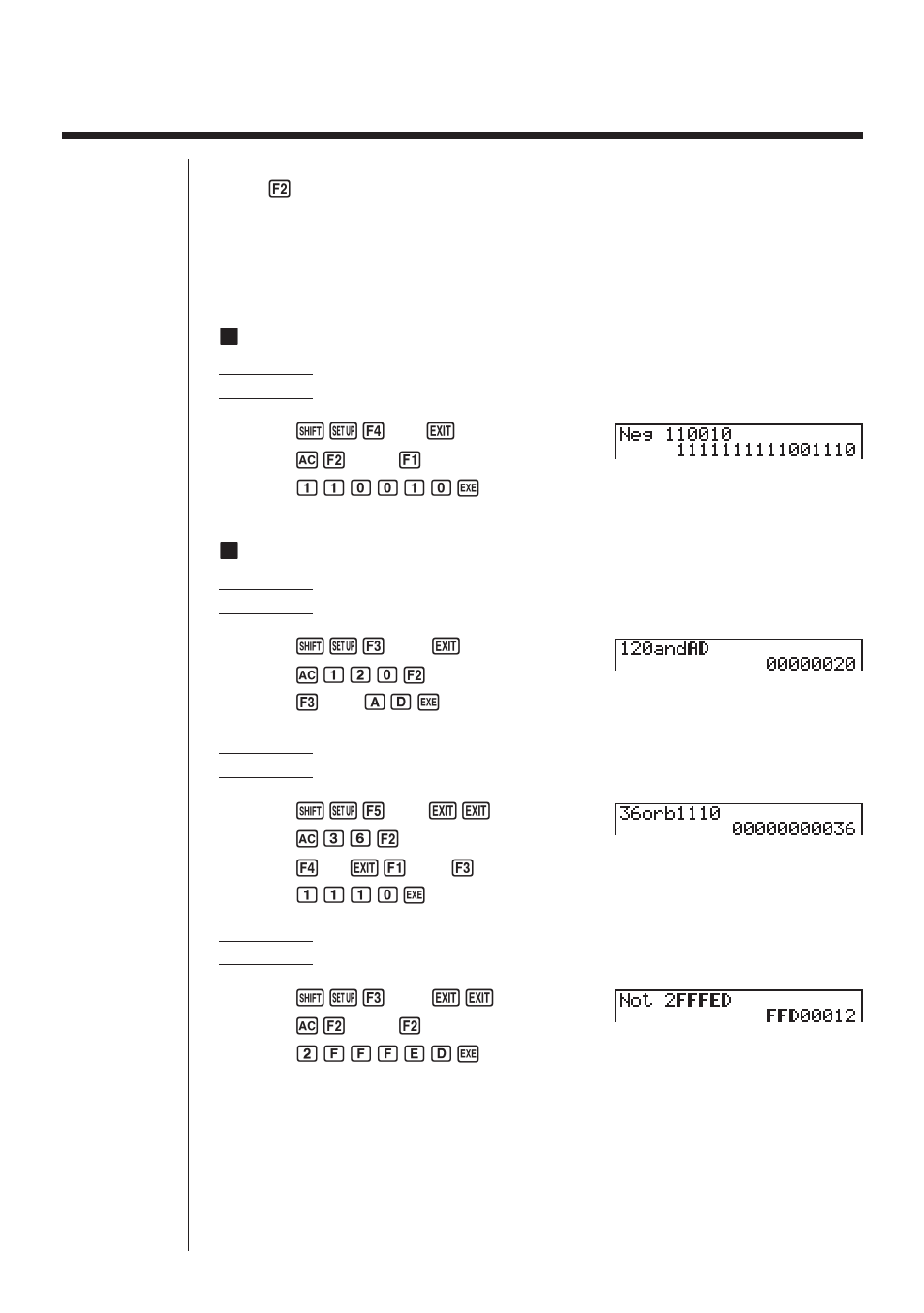4 negative values and logical operations, Knegative values, Klogical operations | Casio CFX-9970G Binary, Octal, Decimal, and Hexadecimal Calculations User Manual | Page 6 / 6