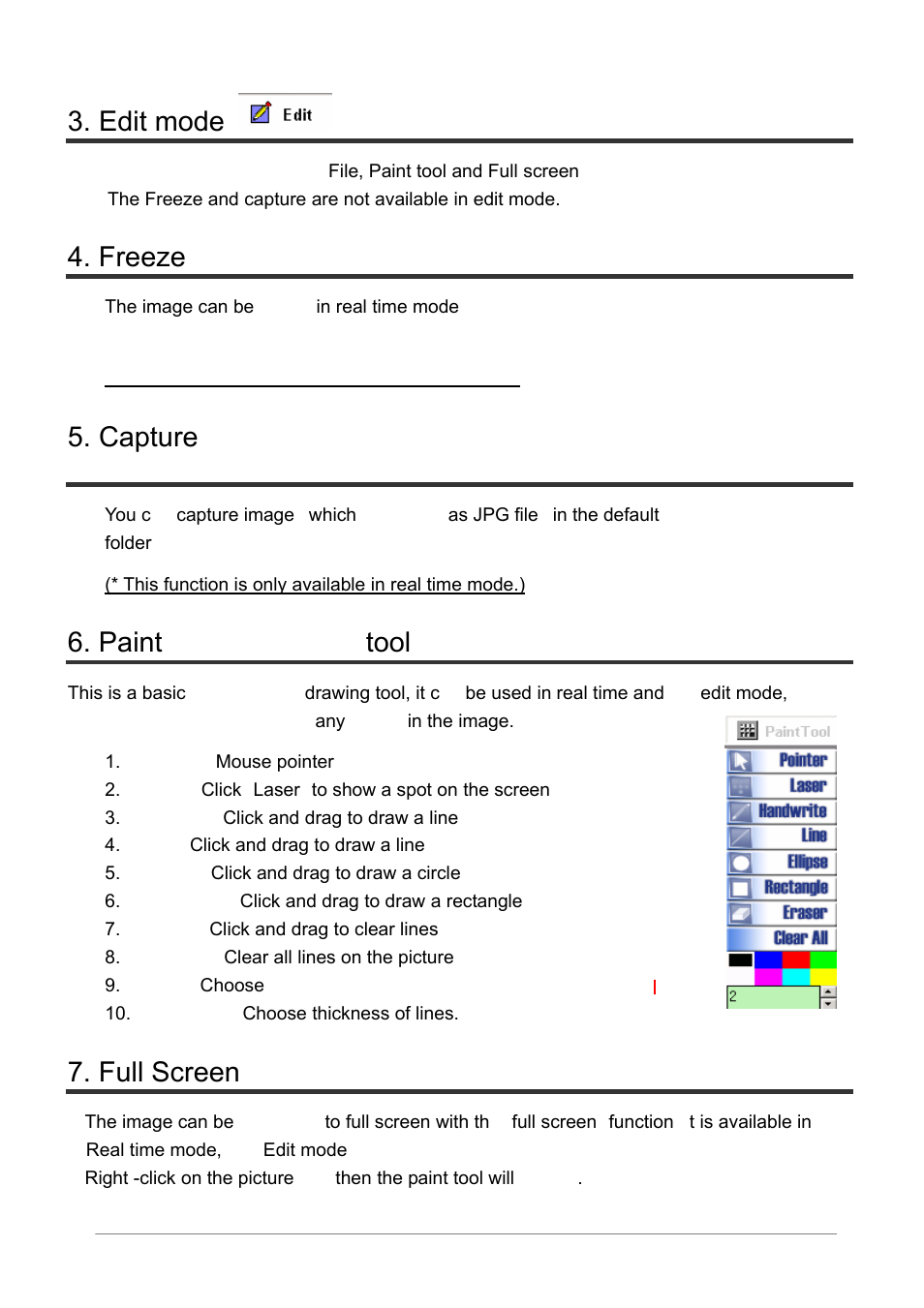 Edit mode, Freeze, Capture | Paint and annotation tool, Full screen | Dukane 220E User Manual | Page 24 / 30