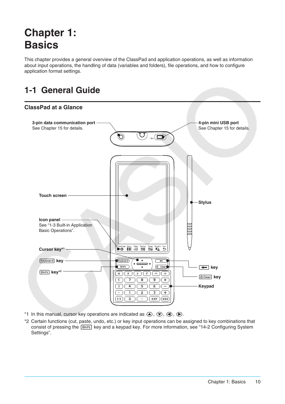Chapter 1: basics, 1 general guide, General guide | Classpad at a glance | Casio ClassPad II fx-CP400 User Manual | Page 10 / 275