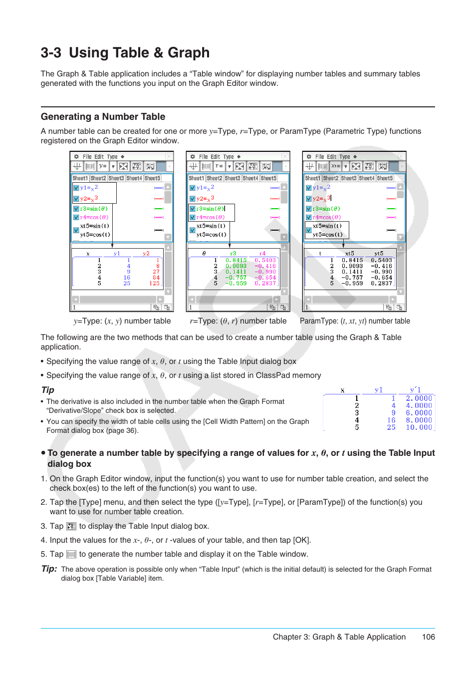 3 using table & graph, Using table & graph, Generating a number table | Casio ClassPad II fx-CP400 User Manual | Page 106 / 275
