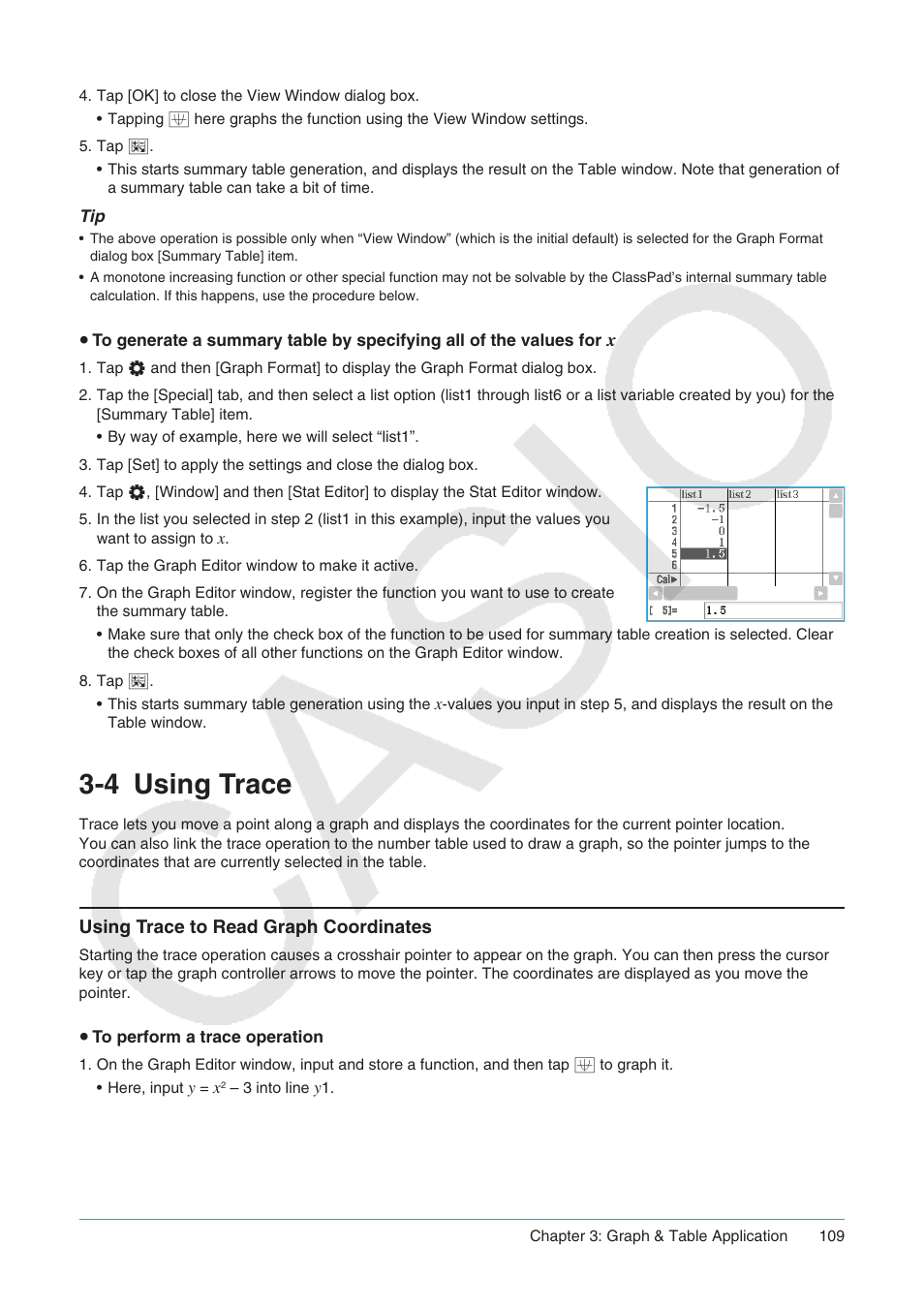 4 using trace, Using trace, Using trace to read graph coordinates | Casio ClassPad II fx-CP400 User Manual | Page 109 / 275