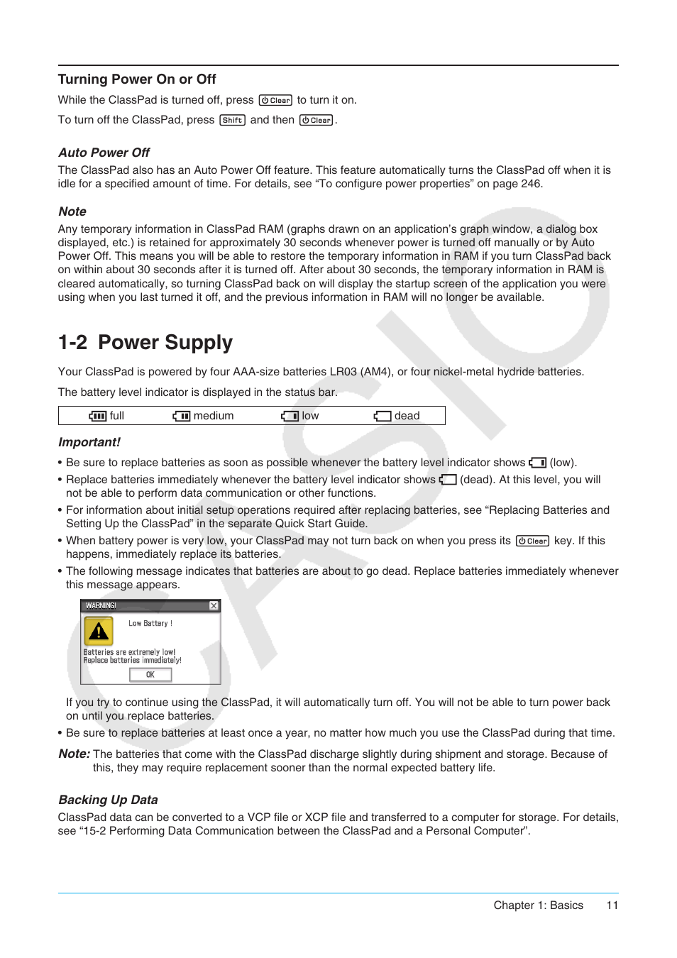 2 power supply, Turning power on or off, Power supply | Casio ClassPad II fx-CP400 User Manual | Page 11 / 275