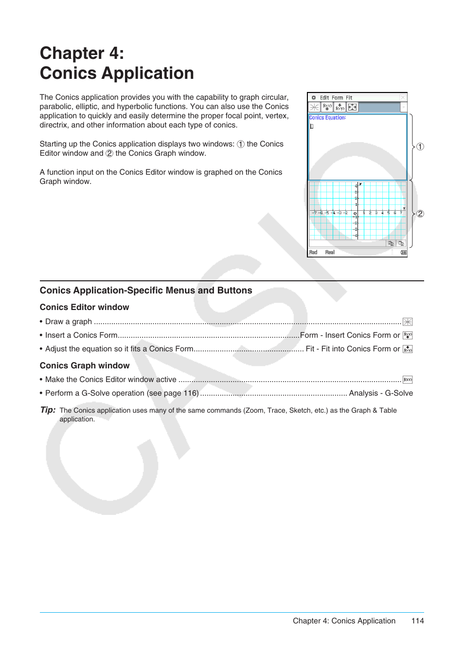 Chapter 4: conics application, Conics application-specific menus and buttons | Casio ClassPad II fx-CP400 User Manual | Page 114 / 275