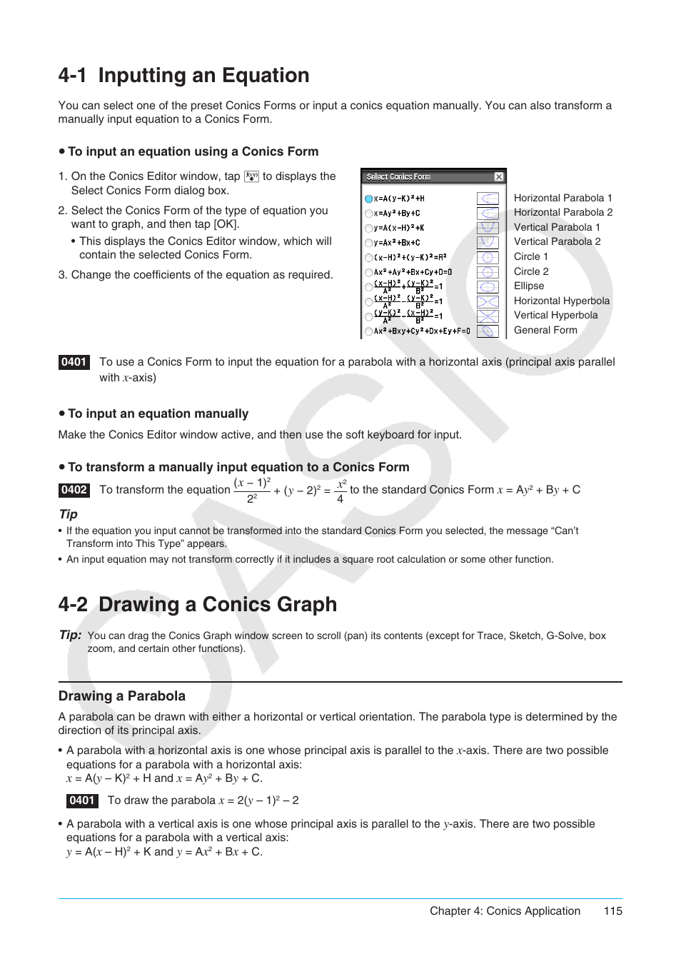 1 inputting an equation, 2 drawing a conics graph, Inputting an equation | Drawing a conics graph, Drawing a parabola | Casio ClassPad II fx-CP400 User Manual | Page 115 / 275