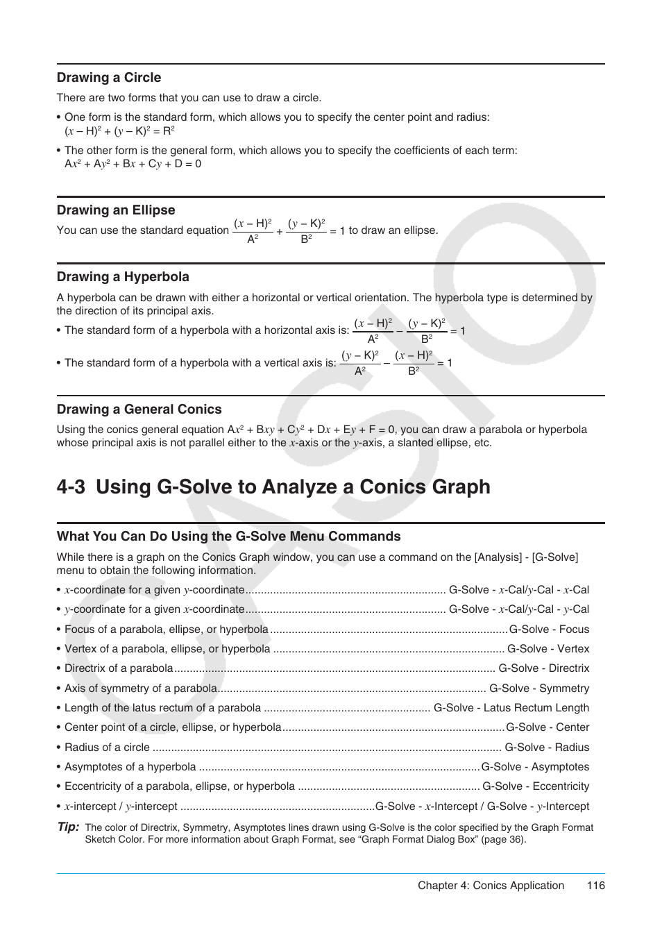 3 using g-solve to analyze a conics graph, Using g-solve to analyze a conics graph, What you can do using the g-solve menu commands | Drawing a circle, Drawing an ellipse, Drawing a hyperbola, Drawing a general conics | Casio ClassPad II fx-CP400 User Manual | Page 116 / 275
