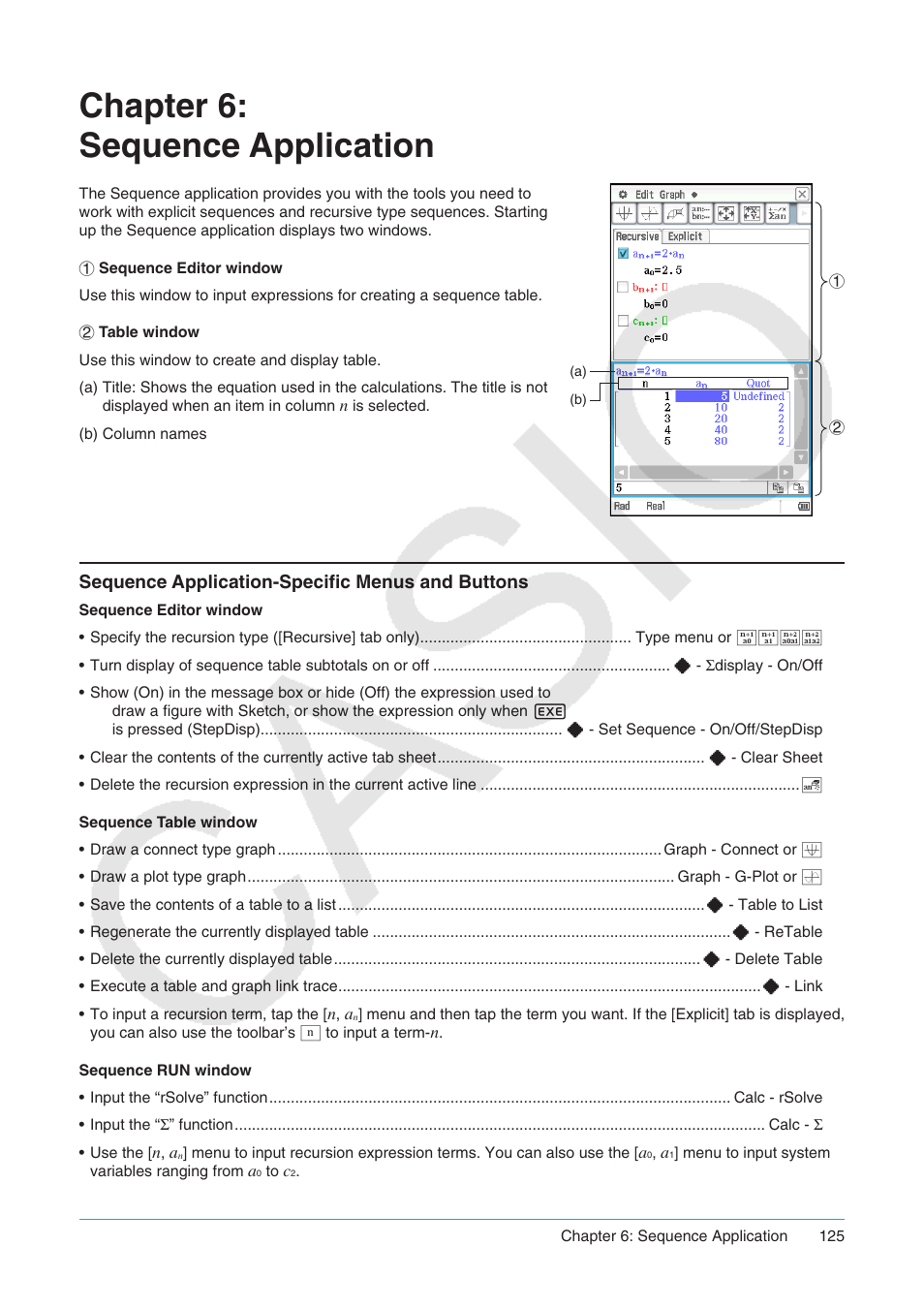 Chapter 6: sequence application, Sequence application-specific menus and buttons | Casio ClassPad II fx-CP400 User Manual | Page 125 / 275