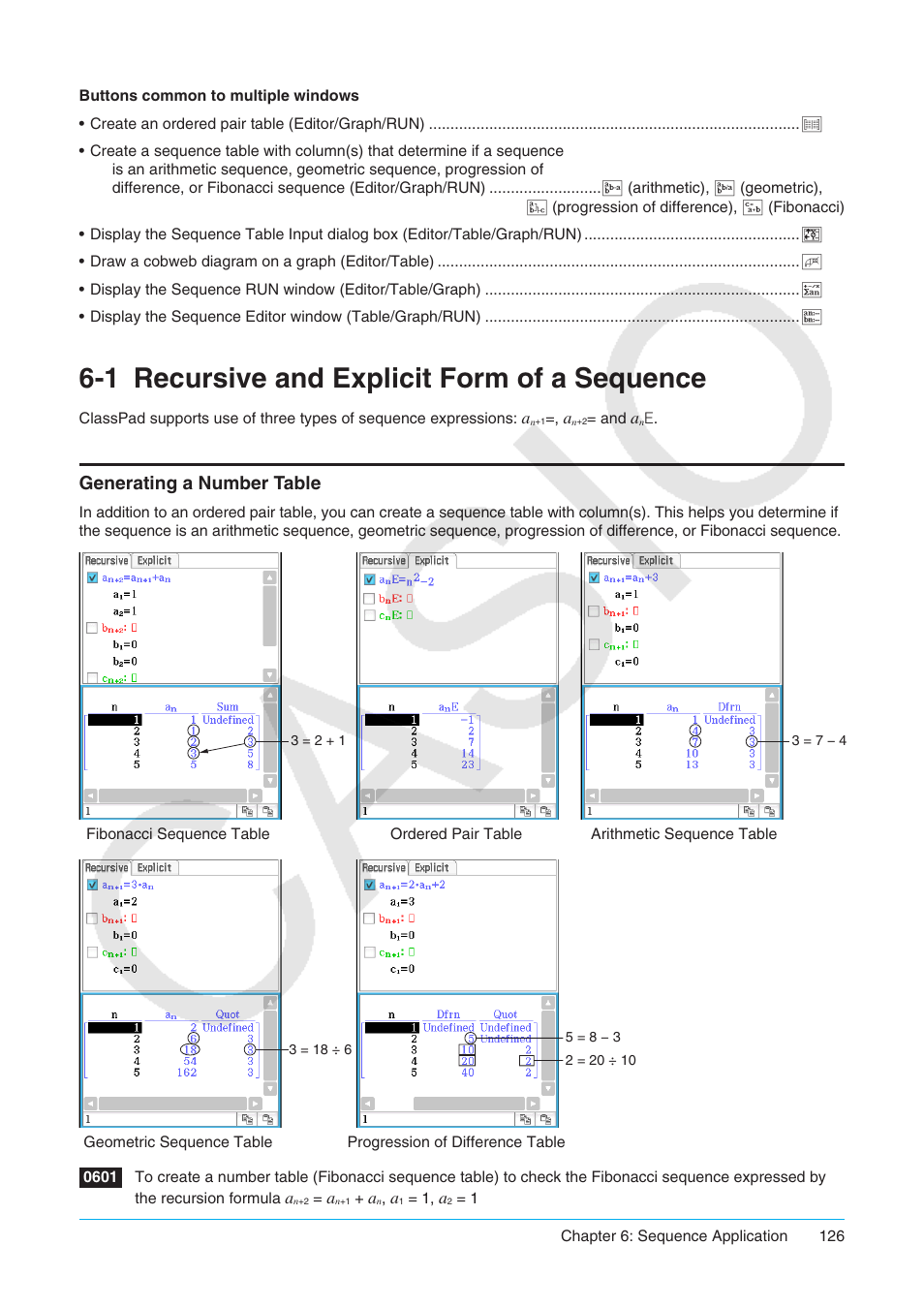 1 recursive and explicit form of a sequence, Recursive and explicit form of a sequence, Generating a number table | Casio ClassPad II fx-CP400 User Manual | Page 126 / 275