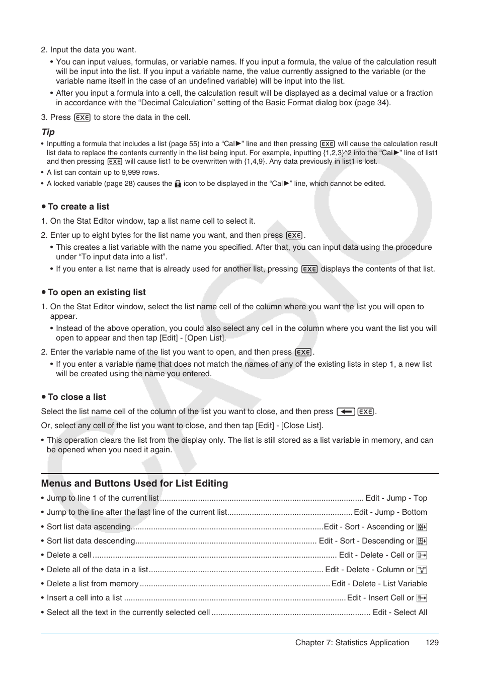 Menus and buttons used for list editing | Casio ClassPad II fx-CP400 User Manual | Page 129 / 275