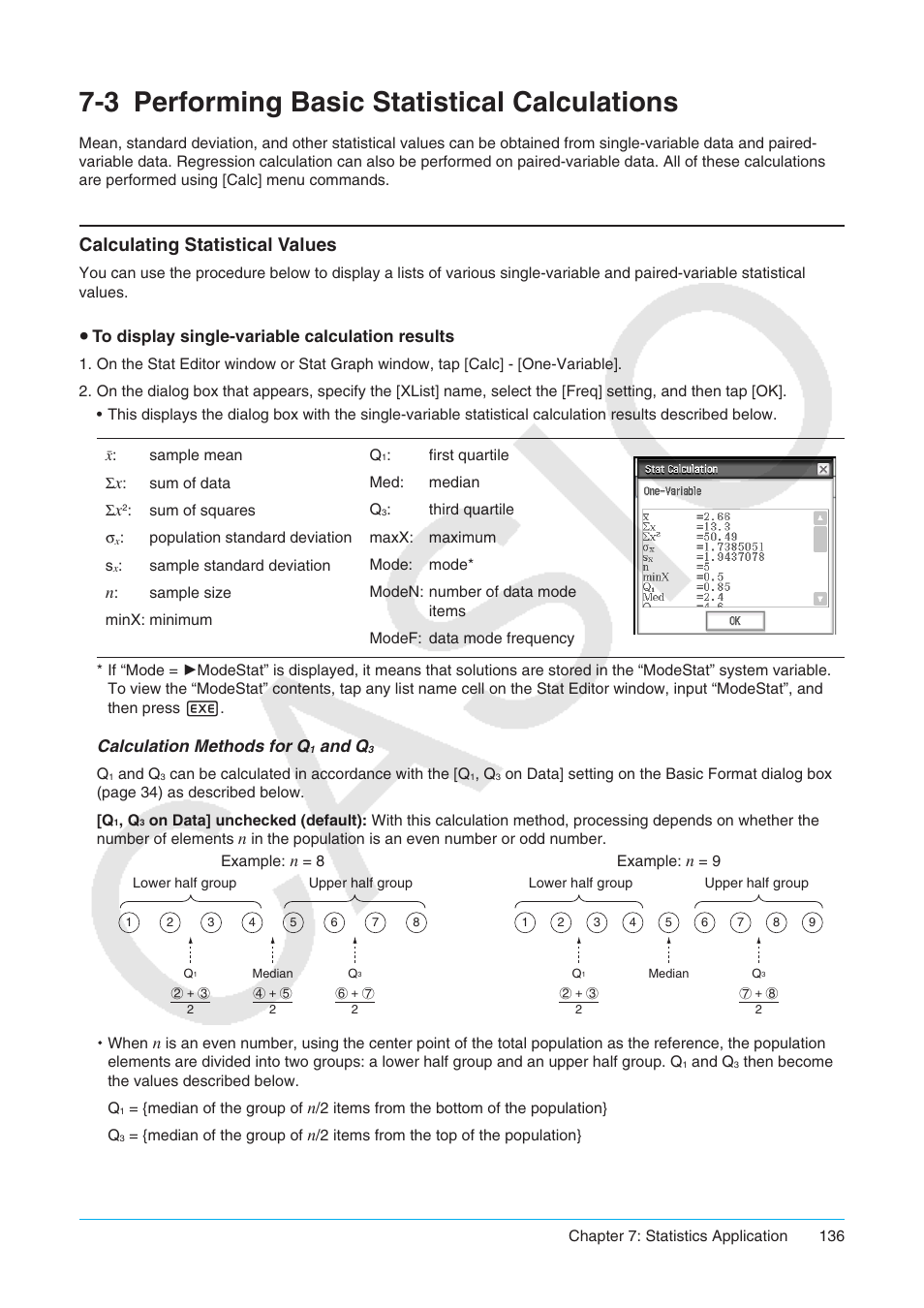 3 performing basic statistical calculations, Performing basic statistical calculations, Calculating statistical values | Casio ClassPad II fx-CP400 User Manual | Page 136 / 275