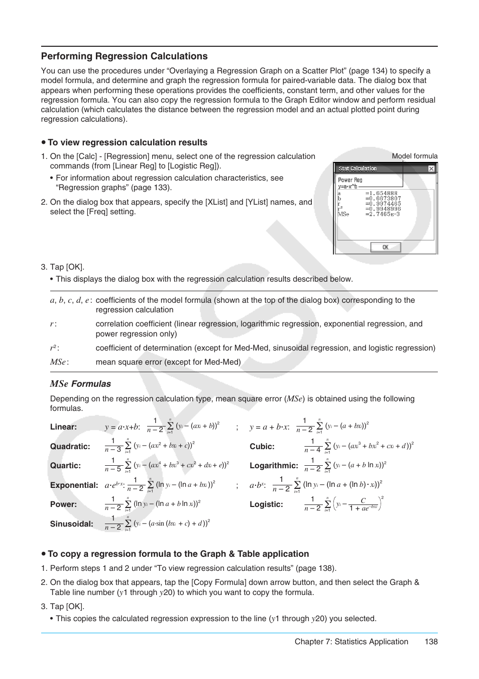 Performing regression calculations, U to view regression calculation results, Formulas | Casio ClassPad II fx-CP400 User Manual | Page 138 / 275
