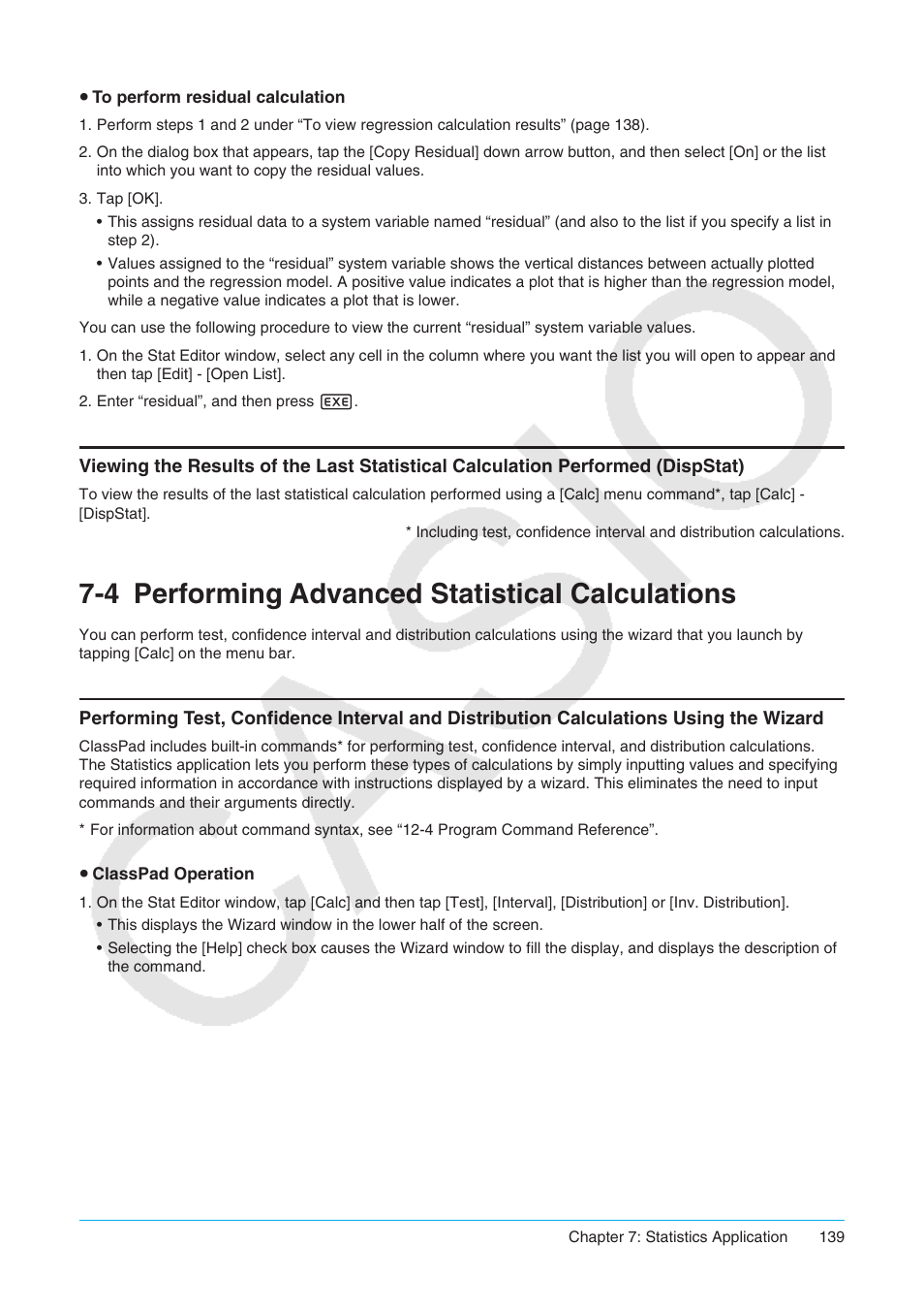 4 performing advanced statistical calculations, Performing advanced statistical calculations | Casio ClassPad II fx-CP400 User Manual | Page 139 / 275