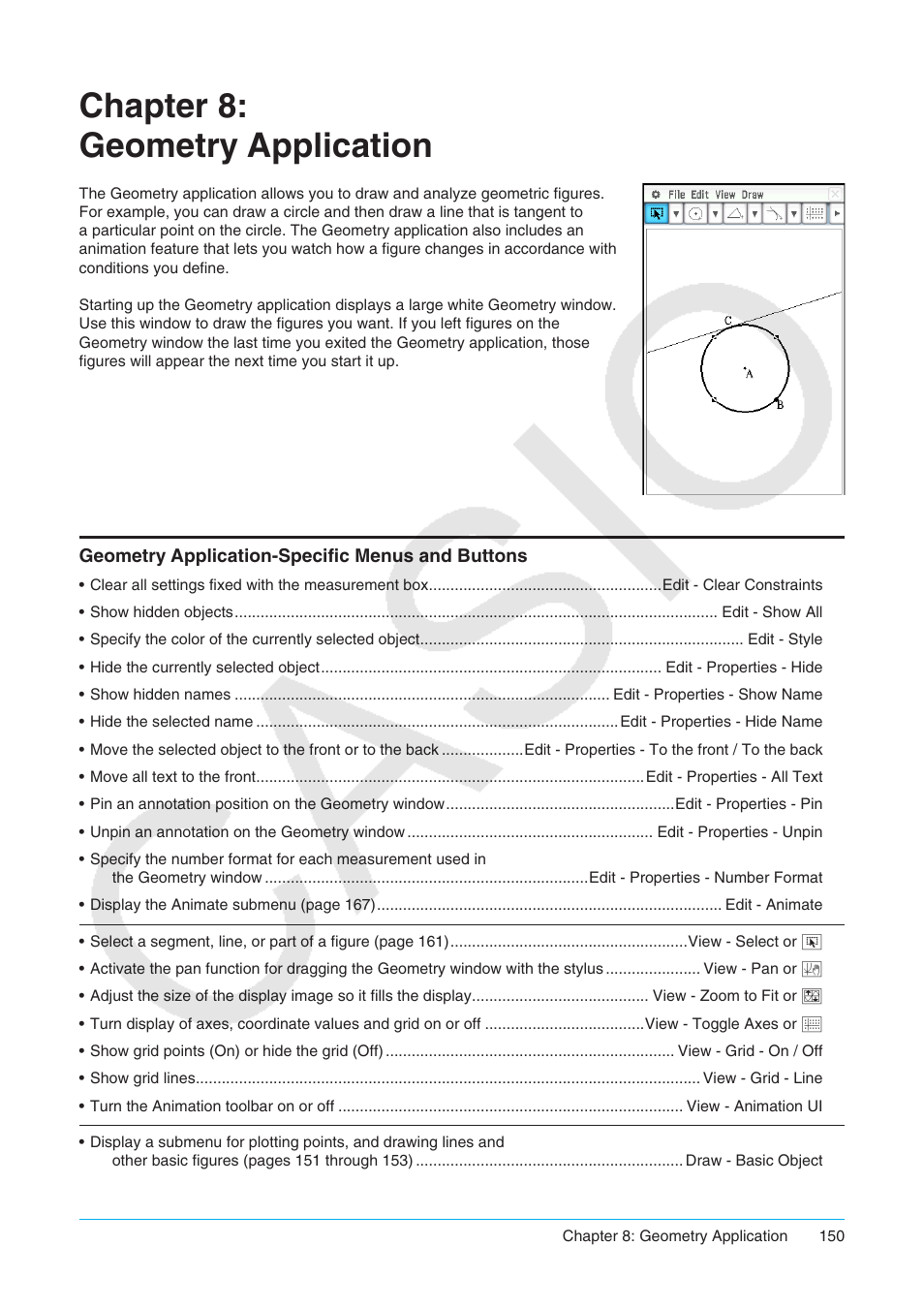 Chapter 8: geometry application, Geometry application-specific menus and buttons | Casio ClassPad II fx-CP400 User Manual | Page 150 / 275
