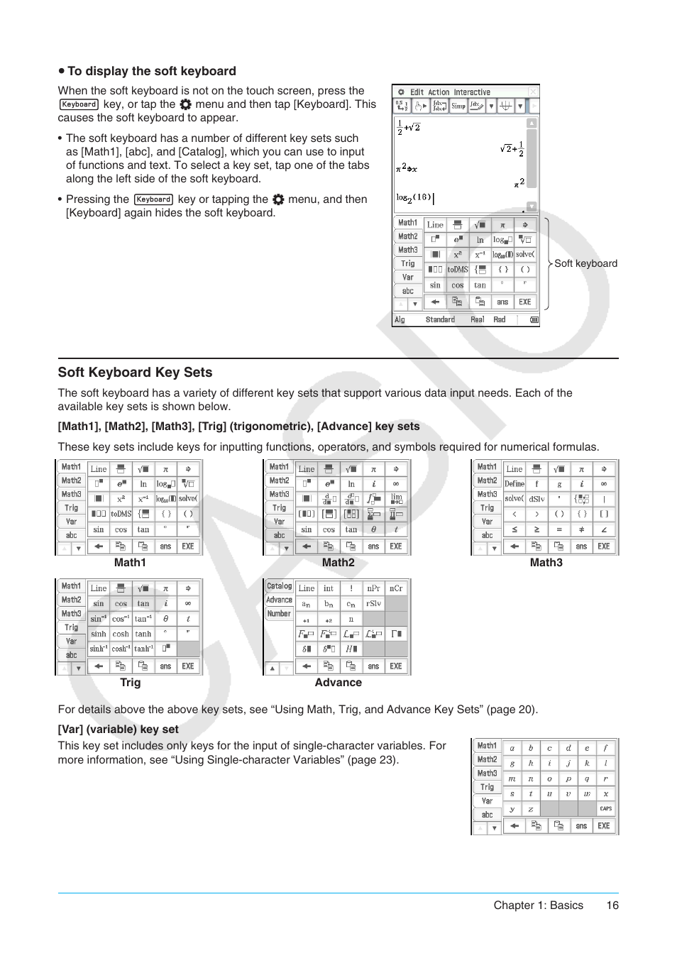 Soft keyboard key sets | Casio ClassPad II fx-CP400 User Manual | Page 16 / 275