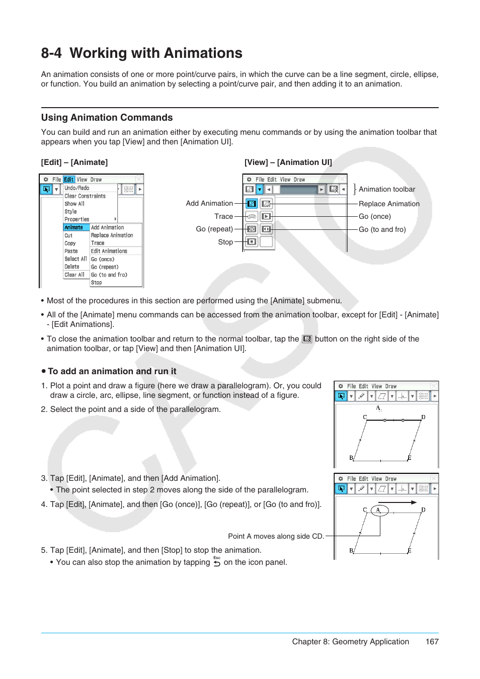 4 working with animations, Working with animations, Using animation commands | Casio ClassPad II fx-CP400 User Manual | Page 167 / 275
