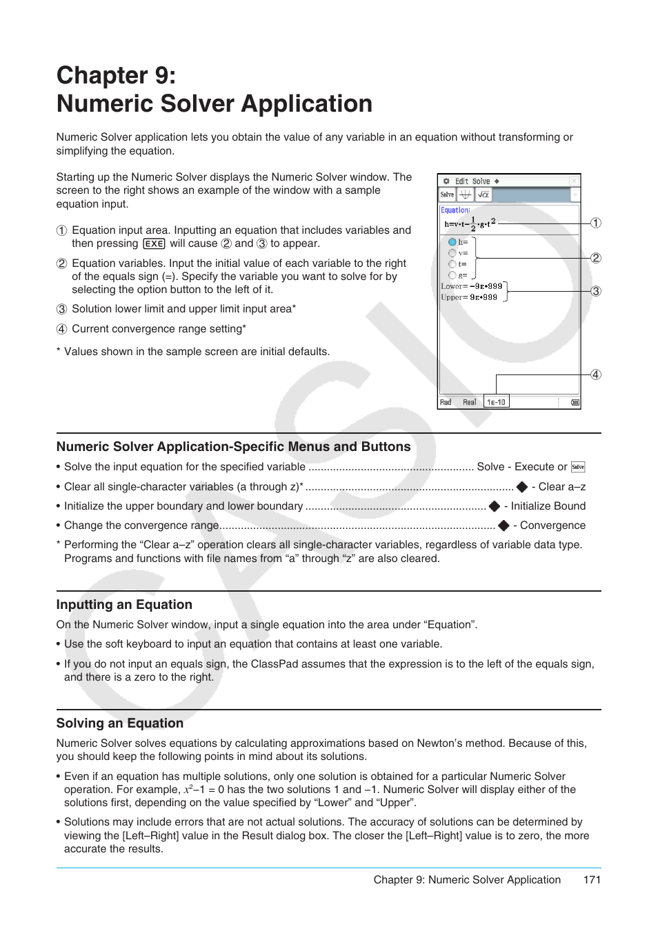 Chapter 9: numeric solver application | Casio ClassPad II fx-CP400 User Manual | Page 171 / 275