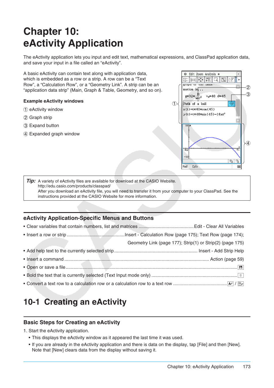 Chapter 10: eactivity application, 1 creating an eactivity, Eactivity application-specific menus and buttons | Creating an eactivity, Basic steps for creating an eactivity | Casio ClassPad II fx-CP400 User Manual | Page 173 / 275