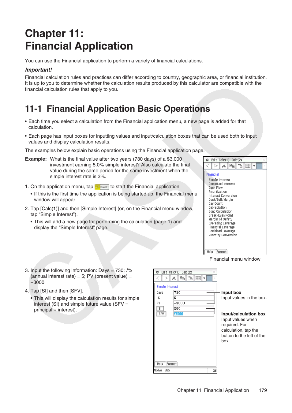 Chapter 11: financial application, 1 financial application basic operations, Financial application basic operations | Casio ClassPad II fx-CP400 User Manual | Page 179 / 275