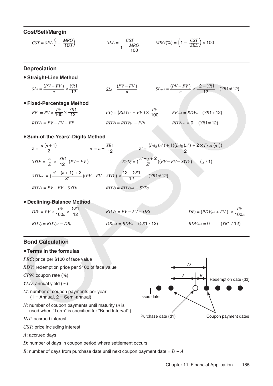 Cost/sell/margin depreciation bond calculation, Cost/sell/margin, Depreciation | Bond calculation | Casio ClassPad II fx-CP400 User Manual | Page 185 / 275