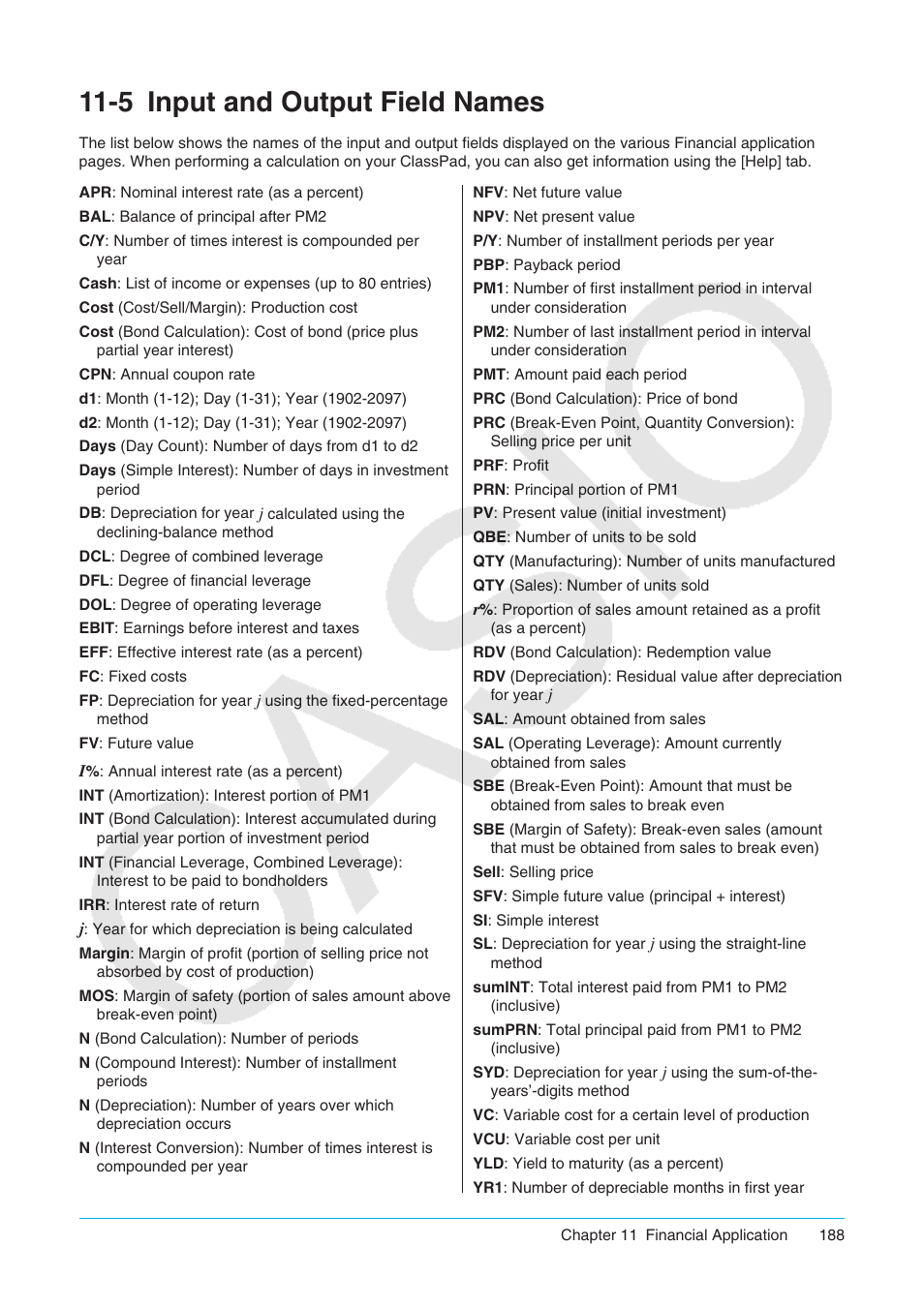 5 input and output field names, Input and output field names | Casio ClassPad II fx-CP400 User Manual | Page 188 / 275