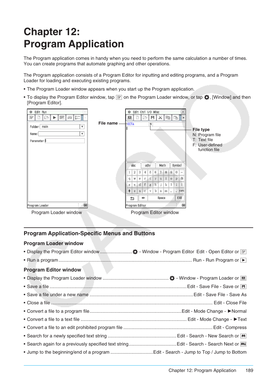Chapter 12: program application, Program application-specific menus and buttons | Casio ClassPad II fx-CP400 User Manual | Page 189 / 275