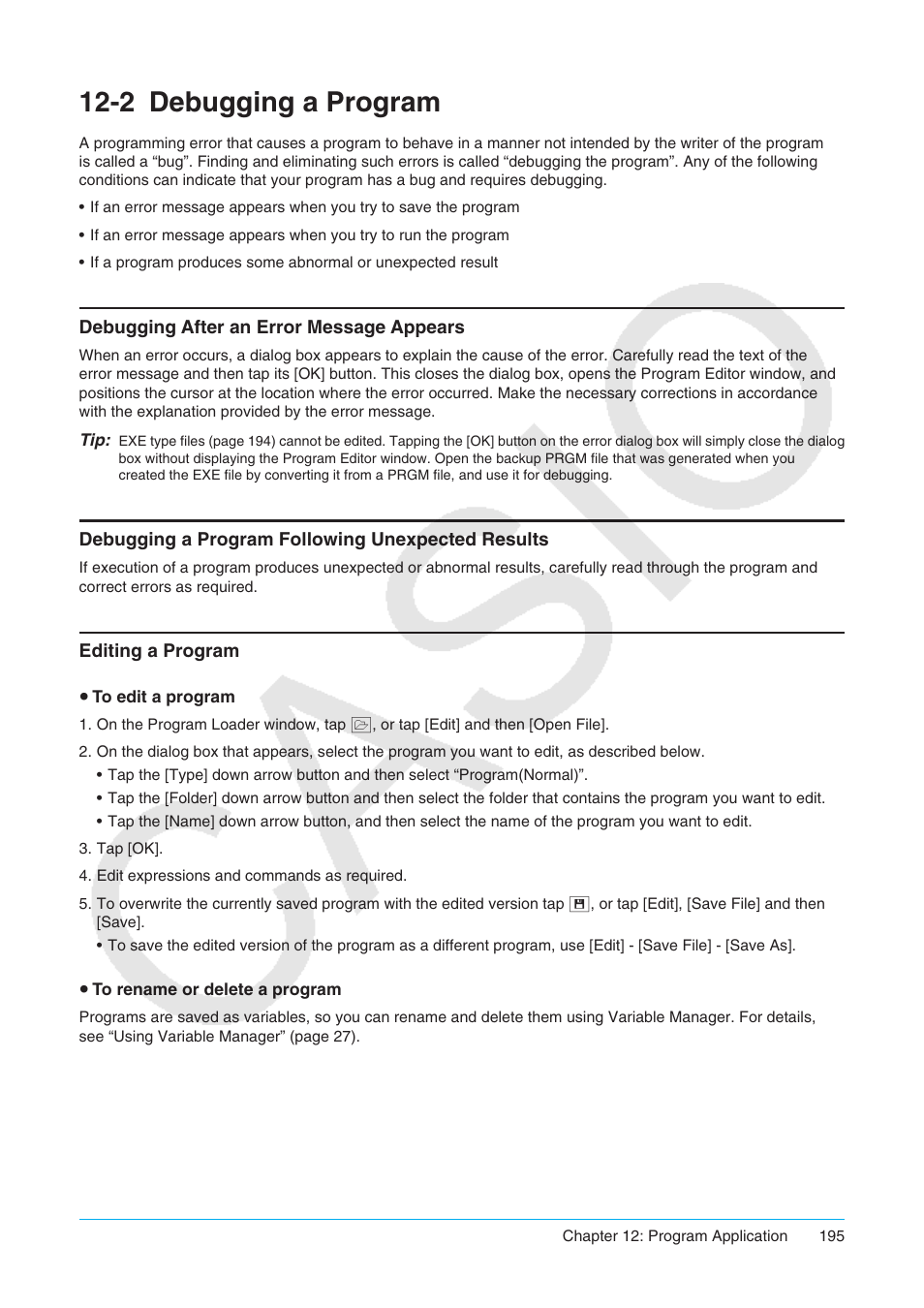 2 debugging a program, Debugging a program, Editing a program | Casio ClassPad II fx-CP400 User Manual | Page 195 / 275