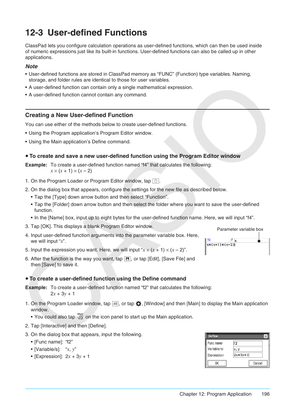 3 user-defined functions, User-defined functions, Creating a new user-defined function | Casio ClassPad II fx-CP400 User Manual | Page 196 / 275