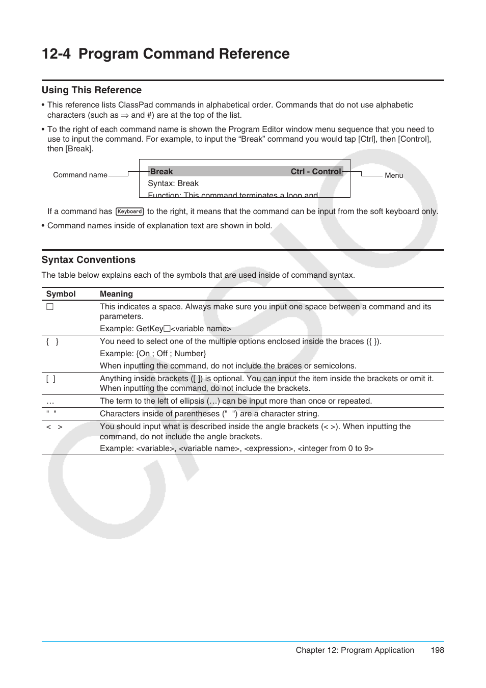 4 program command reference, Program command reference, Using this reference syntax conventions | Casio ClassPad II fx-CP400 User Manual | Page 198 / 275