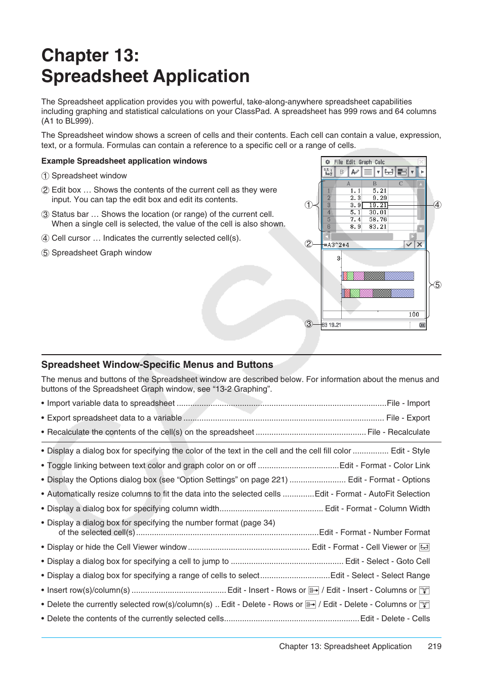 Chapter 13: spreadsheet application, Spreadsheet window-specific menus and buttons | Casio ClassPad II fx-CP400 User Manual | Page 219 / 275