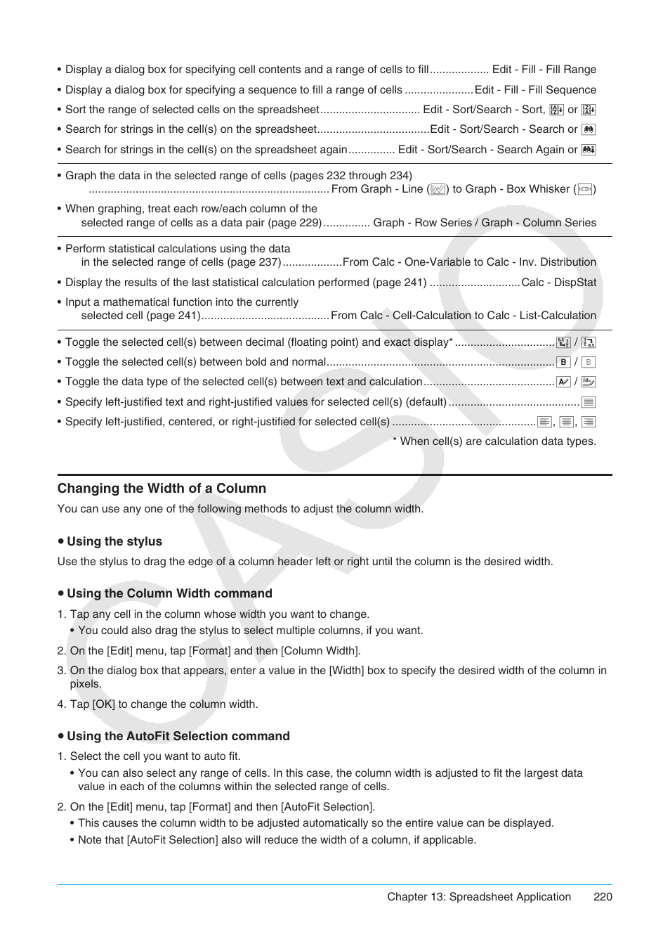 Changing the width of a column | Casio ClassPad II fx-CP400 User Manual | Page 220 / 275