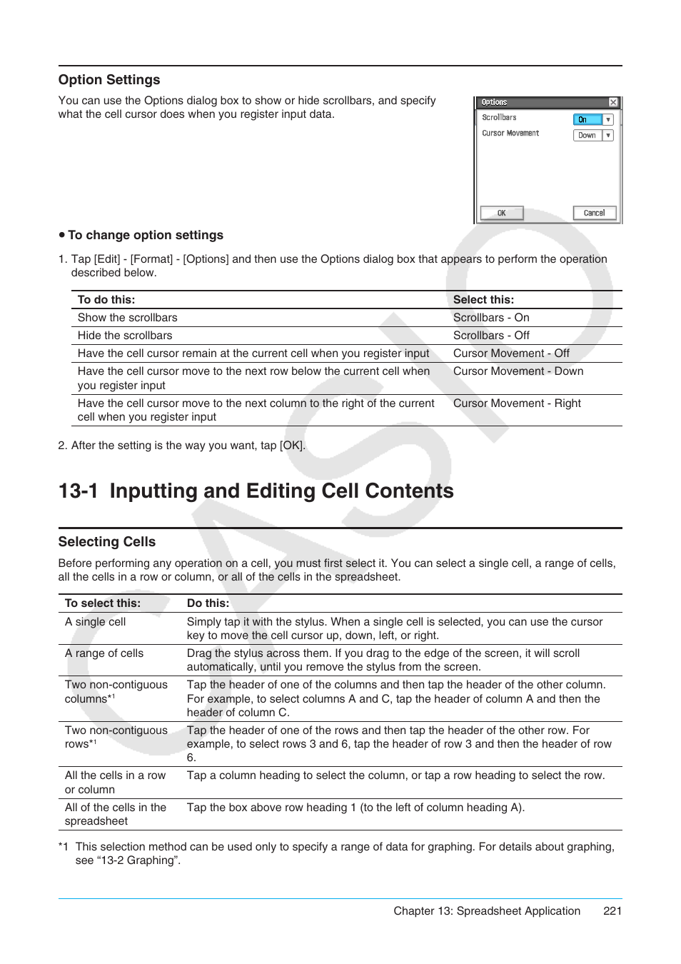 1 inputting and editing cell contents, Option settings, Inputting and editing cell contents | Selecting cells | Casio ClassPad II fx-CP400 User Manual | Page 221 / 275