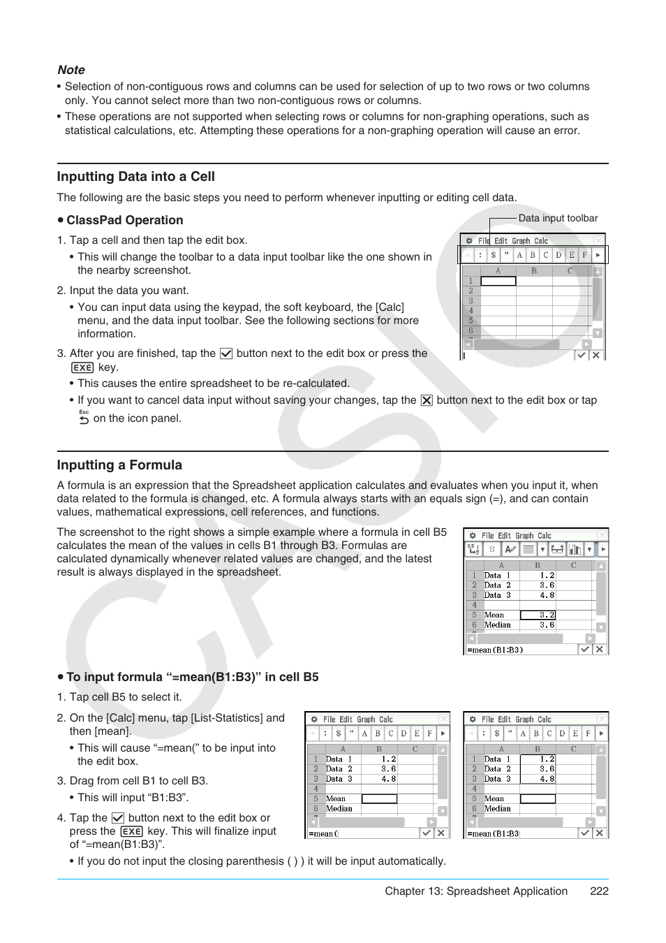 Inputting data into a cell inputting a formula | Casio ClassPad II fx-CP400 User Manual | Page 222 / 275