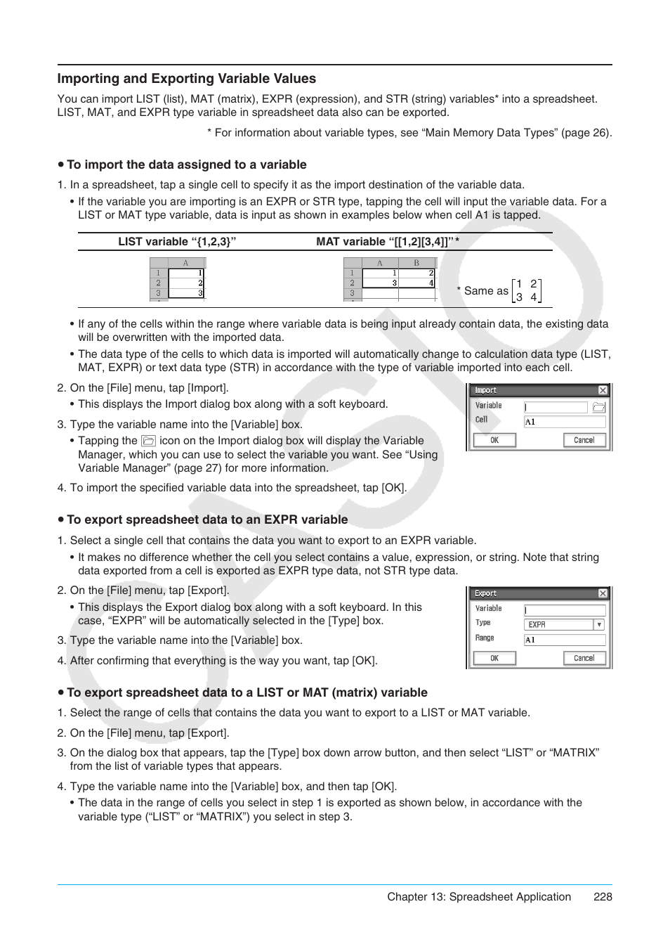 Importing and exporting variable values | Casio ClassPad II fx-CP400 User Manual | Page 228 / 275