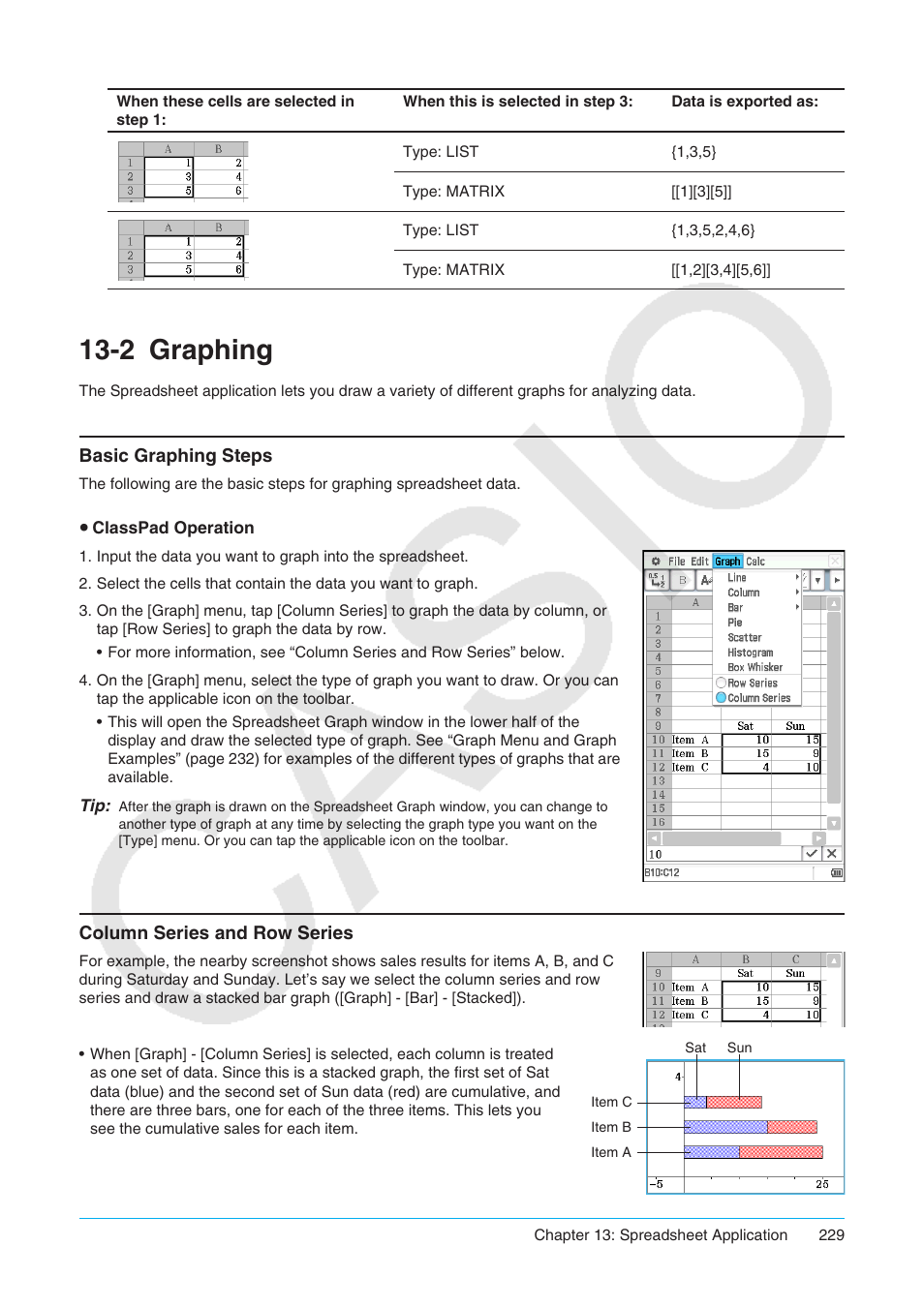 2 graphing, Graphing, Basic graphing steps column series and row series | Casio ClassPad II fx-CP400 User Manual | Page 229 / 275