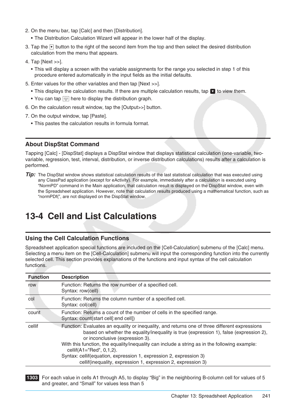 4 cell and list calculations, About dispstat command, Cell and list calculations | Using the cell calculation functions | Casio ClassPad II fx-CP400 User Manual | Page 241 / 275