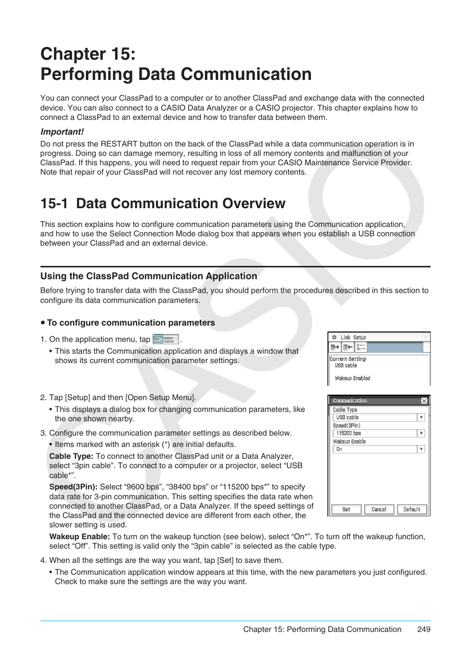 Chapter 15: performing data communication, 1 data communication overview, Data communication overview | Using the classpad communication application | Casio ClassPad II fx-CP400 User Manual | Page 249 / 275