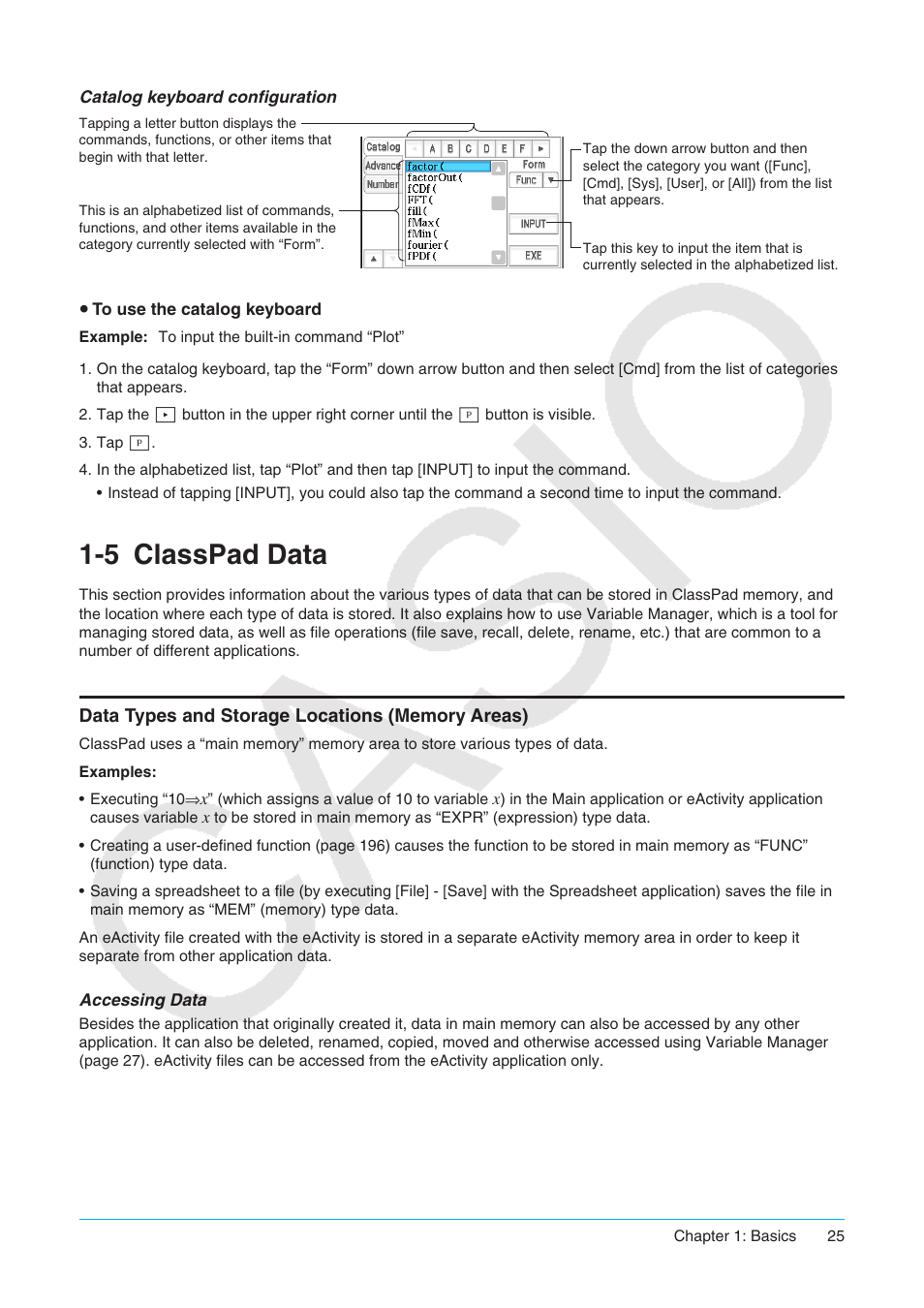 5 classpad data, Classpad data, Data types and storage locations (memory areas) | Casio ClassPad II fx-CP400 User Manual | Page 25 / 275