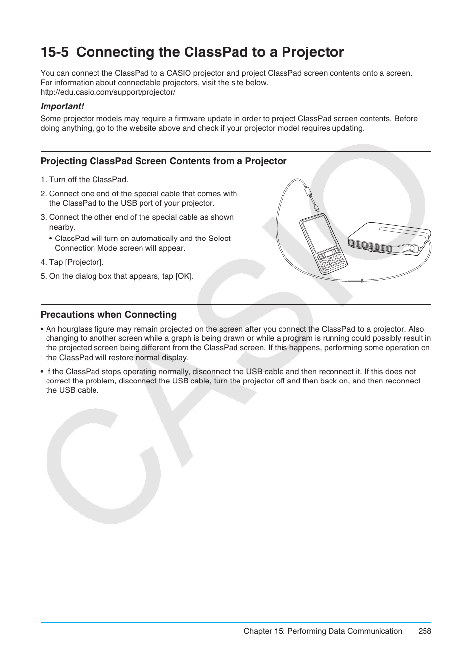5 connecting the classpad to a projector, Connecting the classpad to a projector | Casio ClassPad II fx-CP400 User Manual | Page 258 / 275