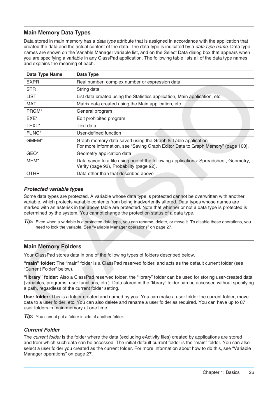 Main memory data types main memory folders | Casio ClassPad II fx-CP400 User Manual | Page 26 / 275