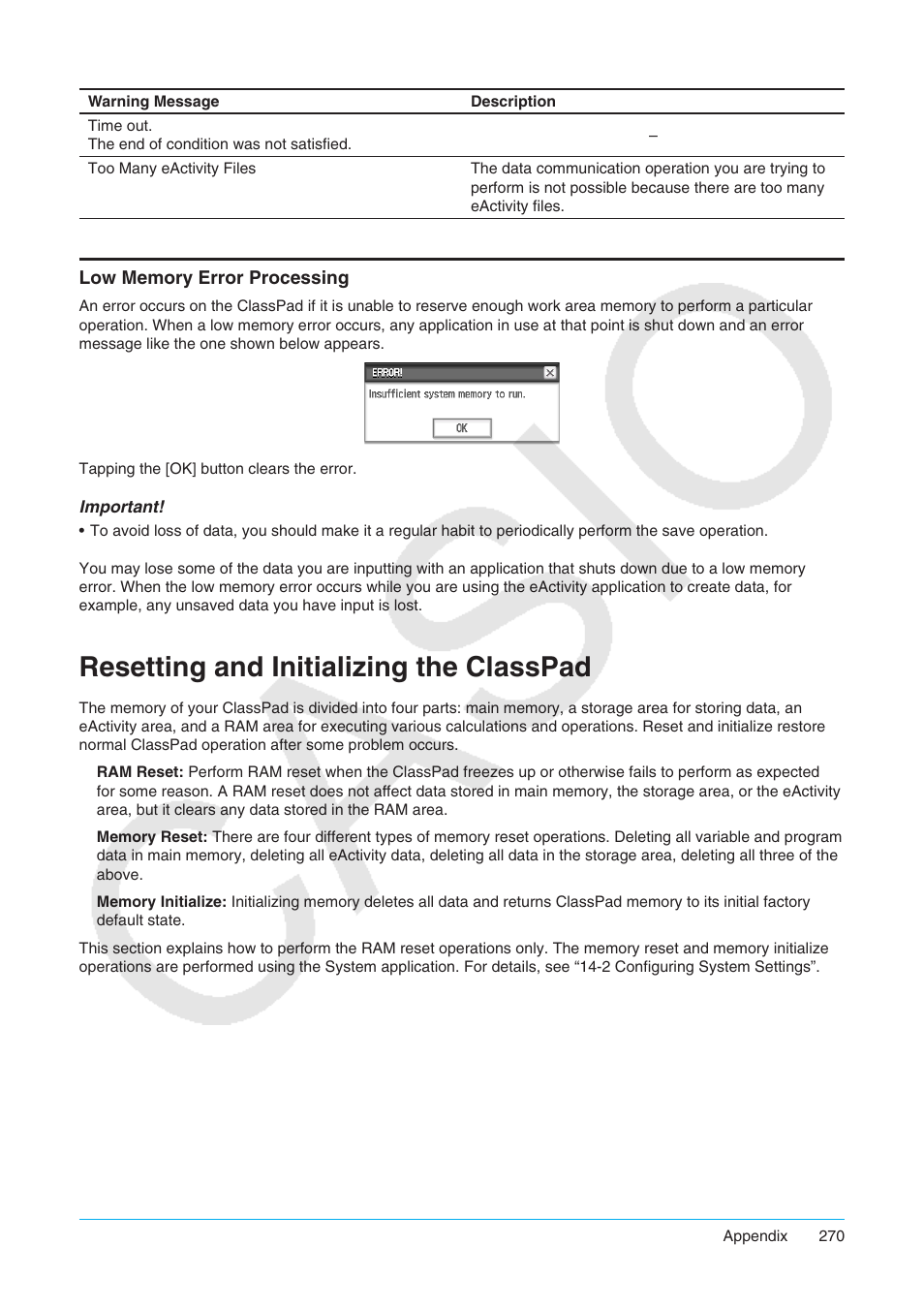 Resetting and initializing the classpad, Low memory error processing | Casio ClassPad II fx-CP400 User Manual | Page 270 / 275