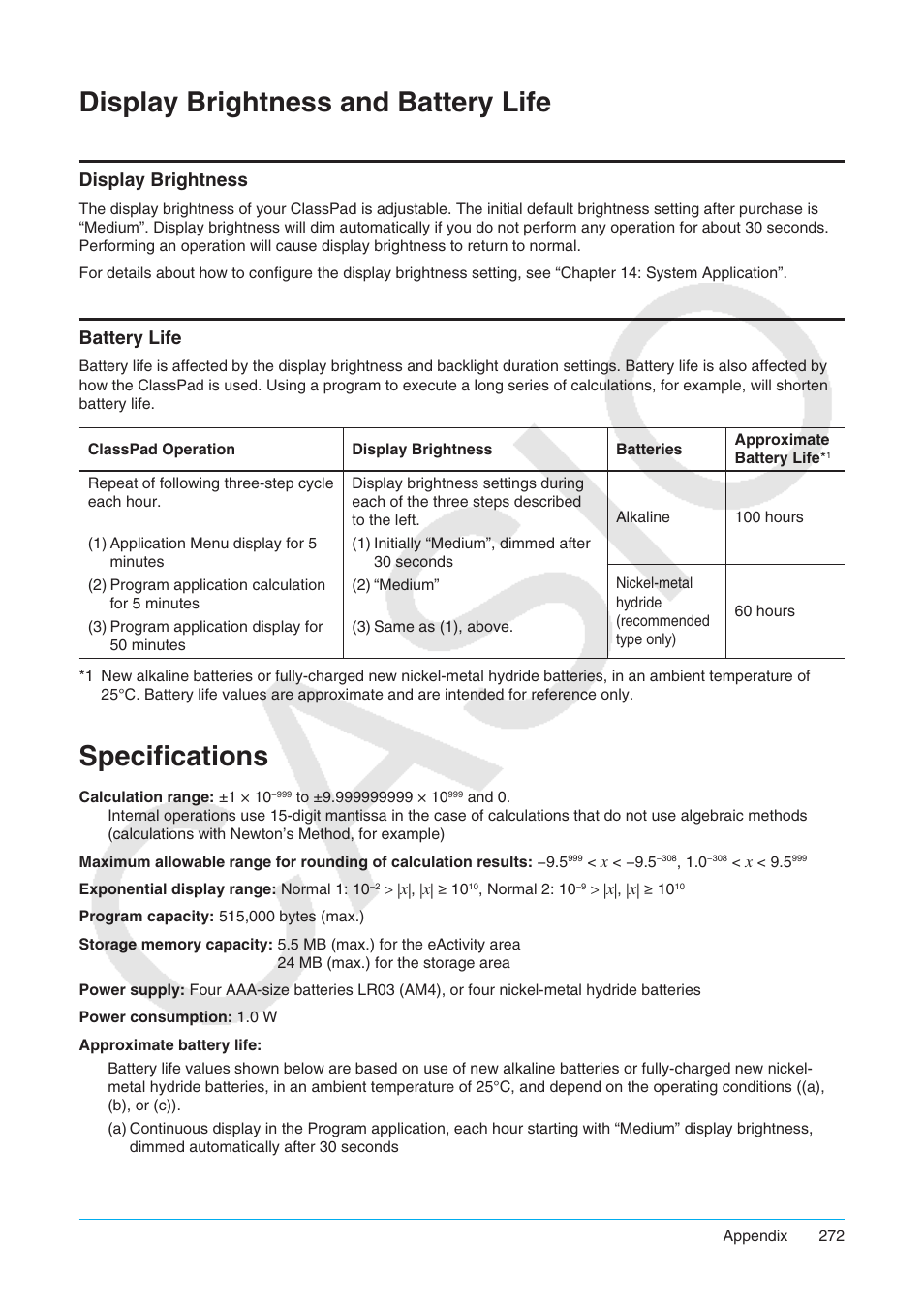 Display brightness and battery life, Specifications, Display brightness battery life | Display brightness, Battery life | Casio ClassPad II fx-CP400 User Manual | Page 272 / 275