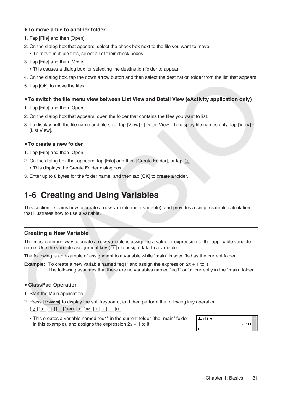 6 creating and using variables, Creating and using variables, Creating a new variable | Casio ClassPad II fx-CP400 User Manual | Page 31 / 275