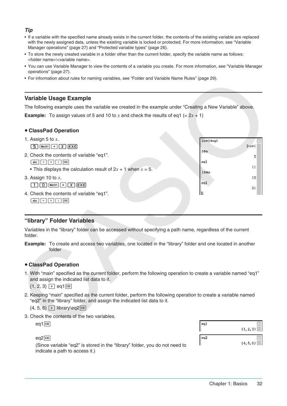 Variable usage example “library” folder variables | Casio ClassPad II fx-CP400 User Manual | Page 32 / 275